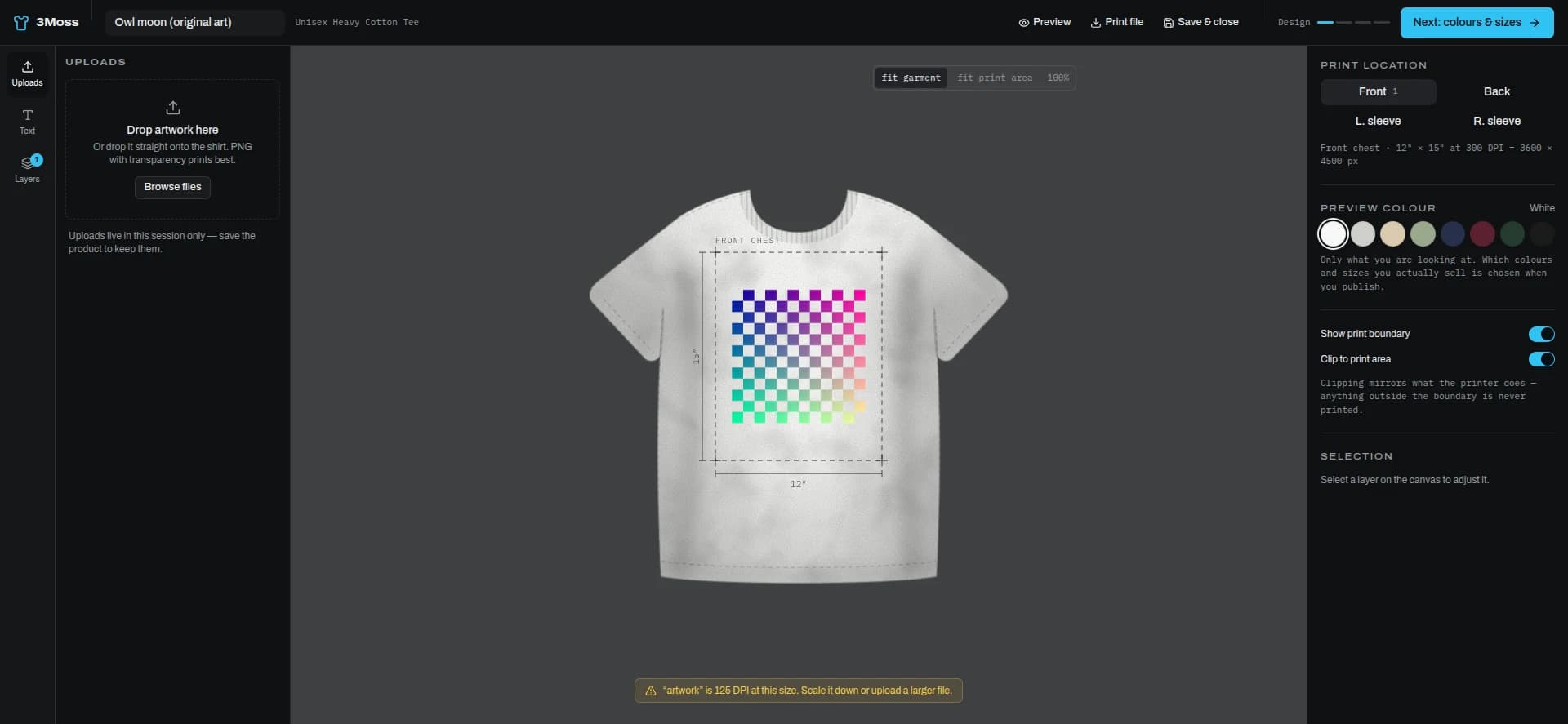 The 3Moss studio, with a design placed inside a t-shirt's front print area