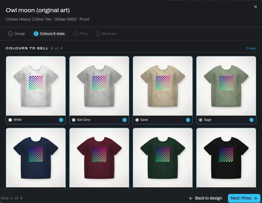 The colourway step, with the design rendered on eight colours of the same tee