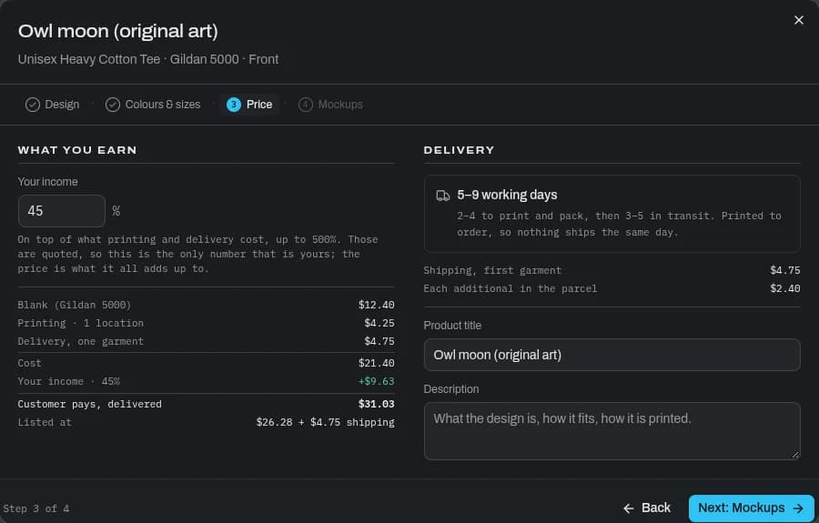 The pricing step showing a margin percentage and the retail price derived from it